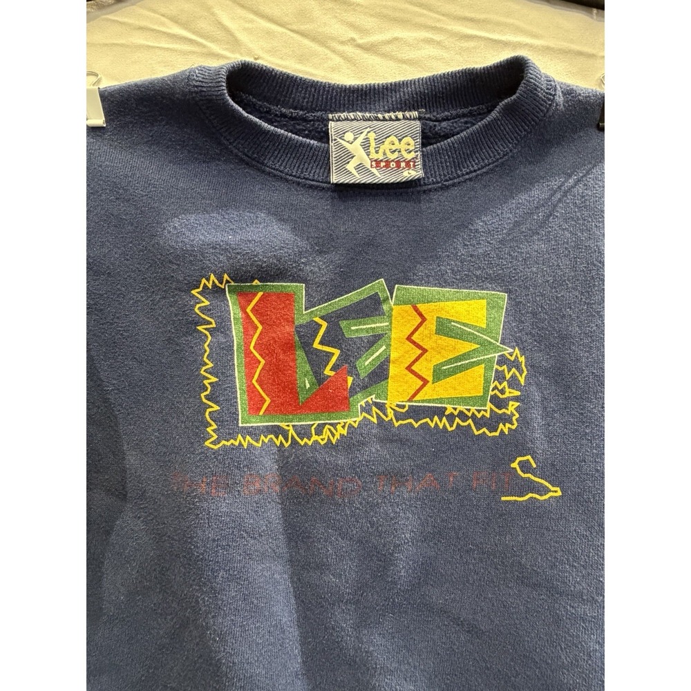 90's vintage Lee Sport Kids Unisex Blue Graphic Print Pullover Sweatshirt Size L - Picture 2 of 5